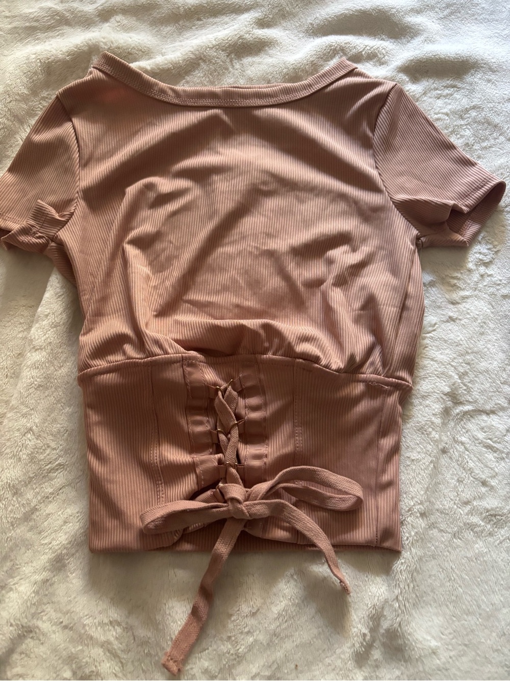 Timing Ribbed Lace-Up Back Crop Top - Dusty Pink